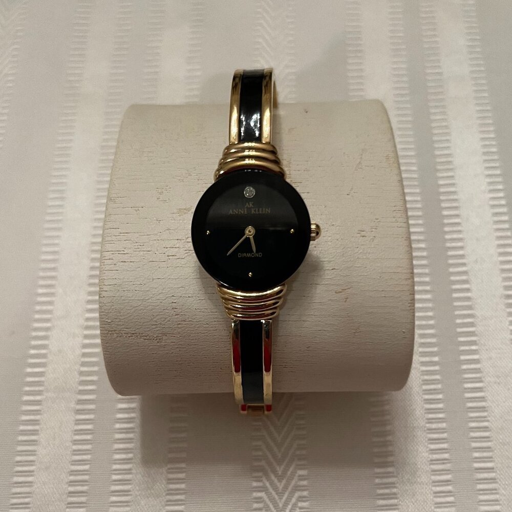 Anne Klein Lady Diamond Bangle Watch Black and Gold Bracelet.